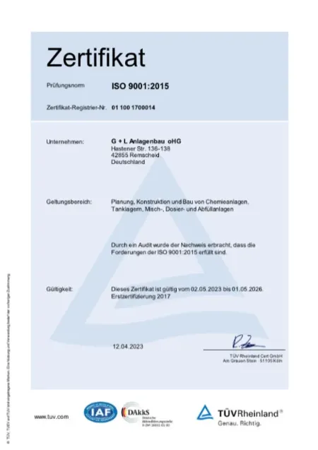 Zertifikat für G+L zu ISO 9001:2015 bis 2026