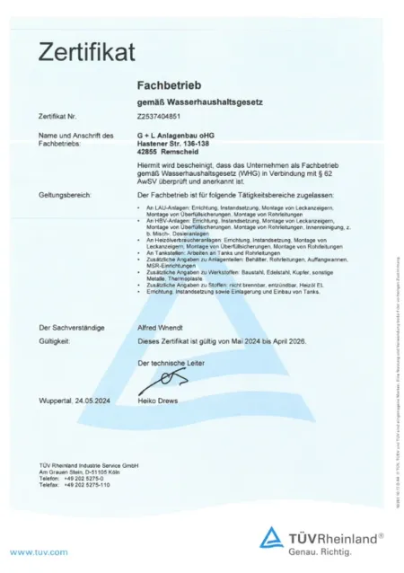 Fachbetriebsbescheinigung nach WHG 2024 bis 2026